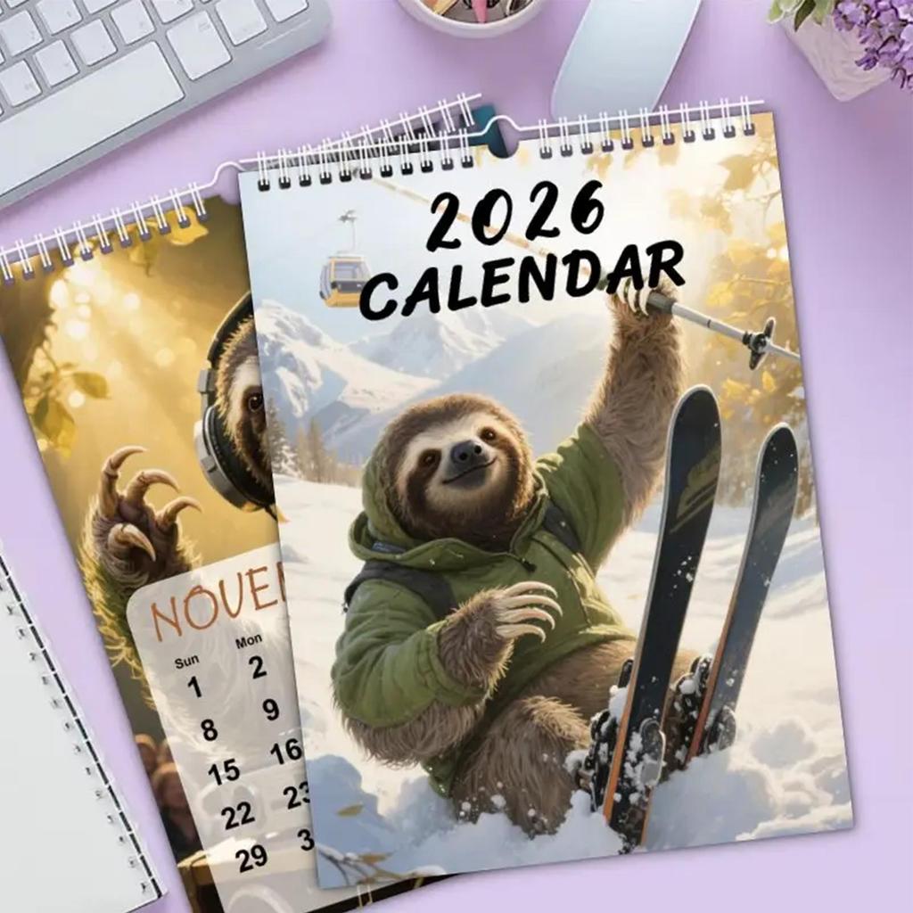 Funny Animal Calendar 2026 Sloth Skiing 12-Month Planner 8.27x11.02in Funny Wall Calendar for Home Workplace Dorm Apartment