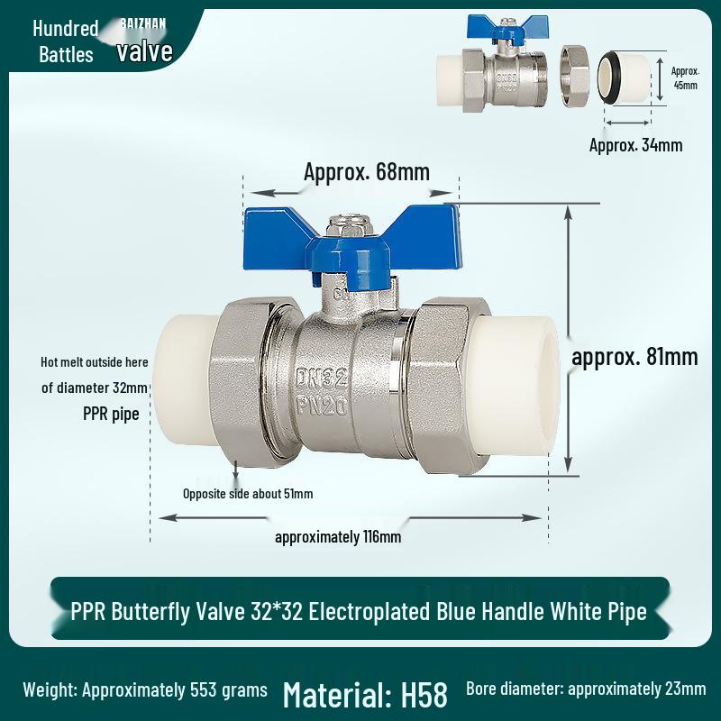 PPR Double Union Ball Valve - All Copper, Thickened, Straight Through Floor Heating with Hot Melt, Sizes DN20, DN25, DN32