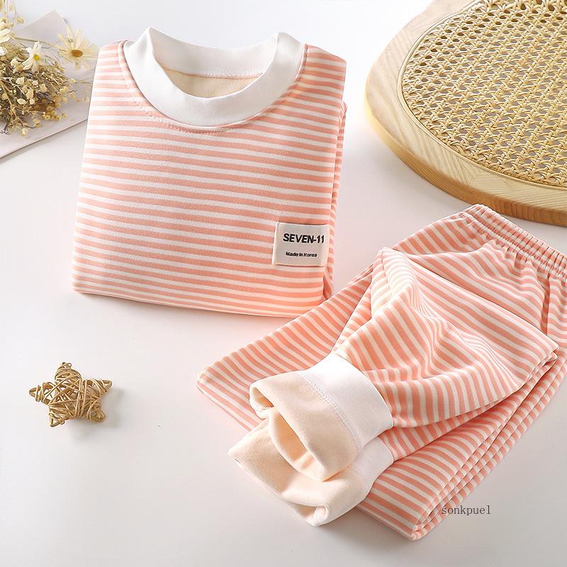 New Autumn Winter Kids Pajamas Baby Boys Girls Striped Thicken Warm T-shirt with Pants Youth Pyjamas Sleepwear Clothing Sets