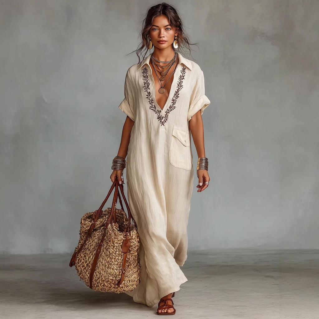 2026 Spring/Summer Loose Pocket Lapel Cotton Linen Dress - European & American Style
