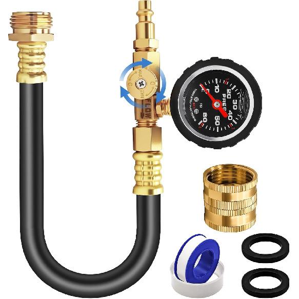Upgraded RV Winterizing Kit, 17Inch RV Blowout Hose Adapter Kit With Oil Pressure Gauge & Shut Off Valve, Boat Winterizing Kit Camper Blow Out
