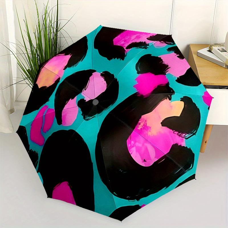 1pc Neon Leopard Print Automatic Folding Umbrella - 8-Rib Iron Frame, Windproof, Portable Sunshade with Plastic Handle for Travel & Outdoor