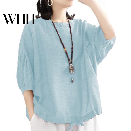 Loose Fit Women Top Summer Casual T-shirt O-Neck 3/4 Batwing Sleeve Pullover Round Neck Three-quarter Tops Solid Color Blouse Streetwear