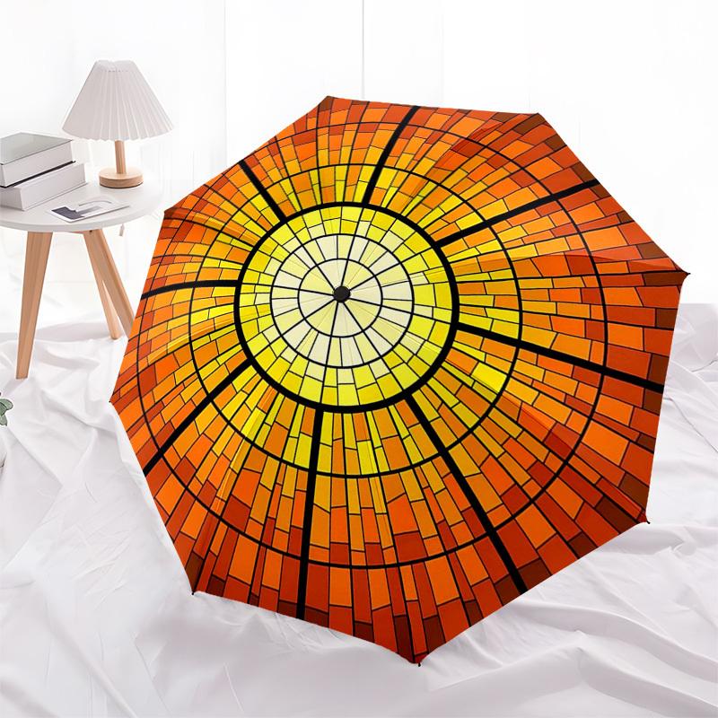 1pc Stained Glass Sunburst Design Automatic Folding Umbrella - Portable 3-Fold Design, 8-Rib Iron Frame Outdoor Umbrella, Ideal Gift for Fans, Travele