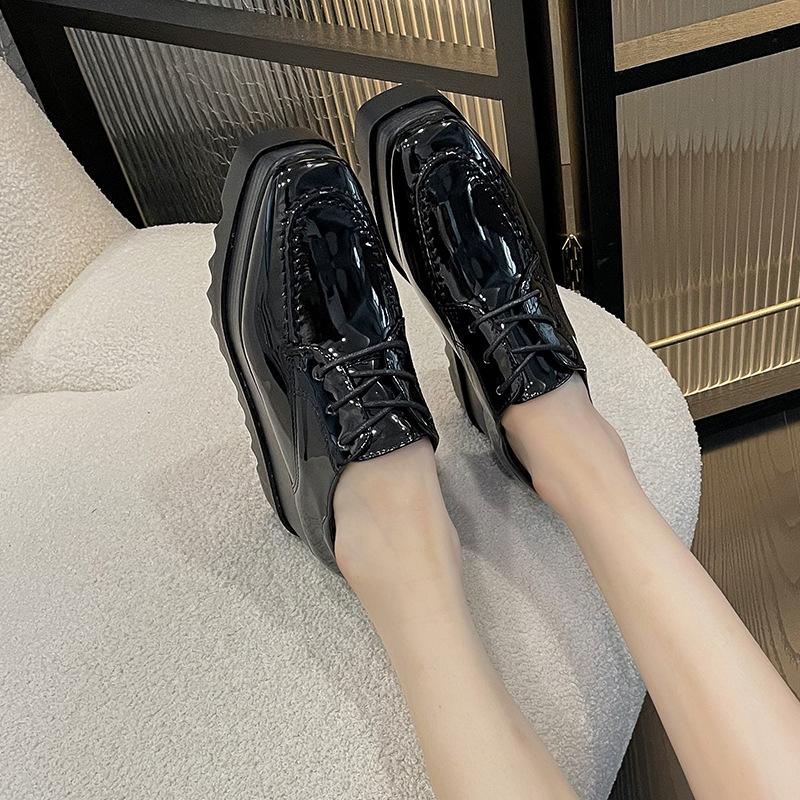 2025 Autumn Women's Thick-soled Muffin Shoes Square Toe Lace-up Waterproof Platform Slope Heel Single Shoes HZB-763-28