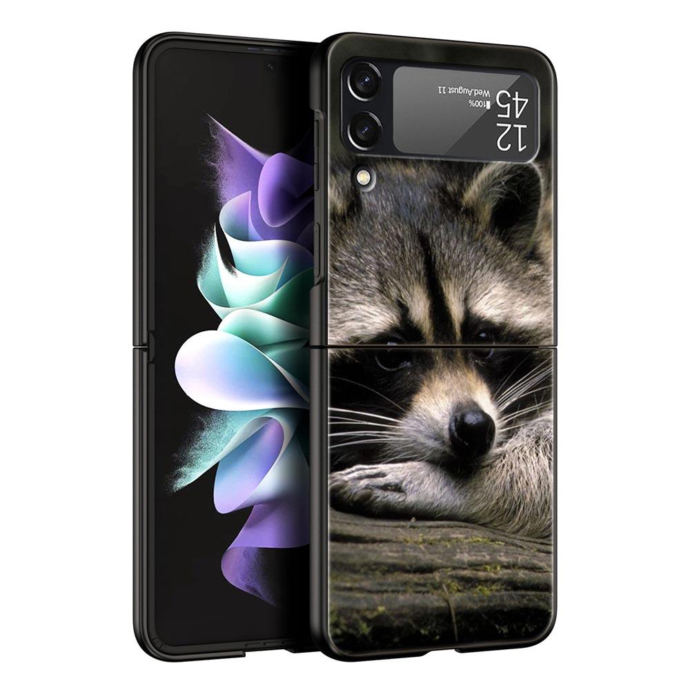 Hard PC Phone Case For Samsung Galaxy Z Flip 7 6 5 4 Black Cover For Galaxy Z Flip 3 Foldable Shockproof Cute Animal Raccoon Bag