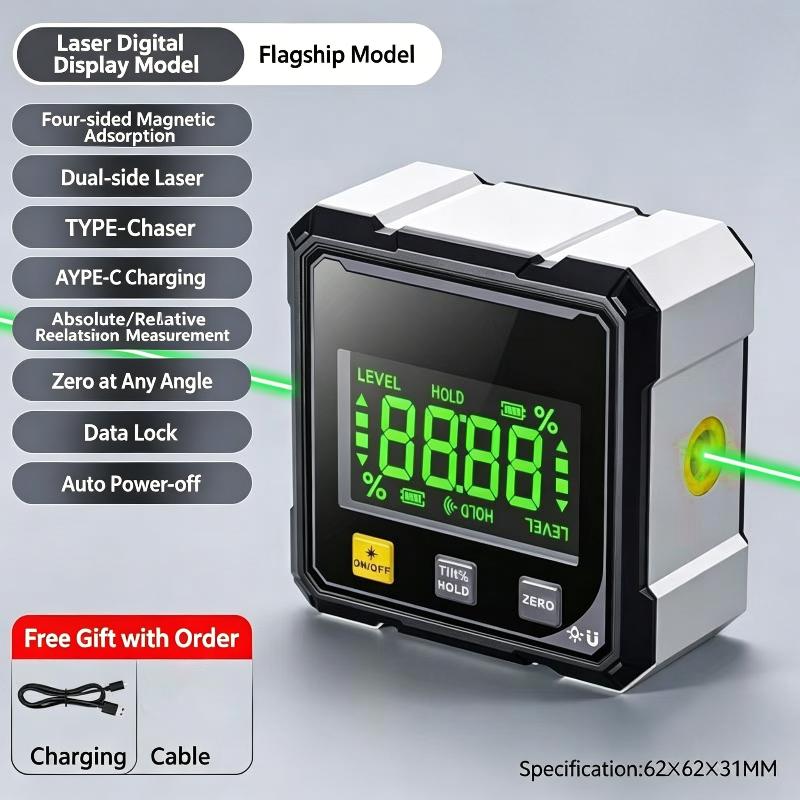 Digital Inclinometer with Visible Green Laser High Precision Angle Ruler for Woodworking Carpenter Building Site Measurement Work