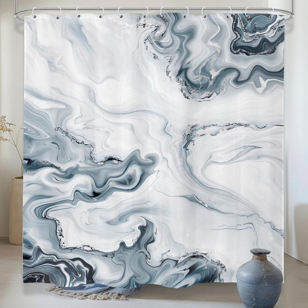 Blue Green Abstract Shower Curtain Modern Ombre Minimalist Marble Luxury Contemporary Simple Unique Cloth Fabric Waterproof