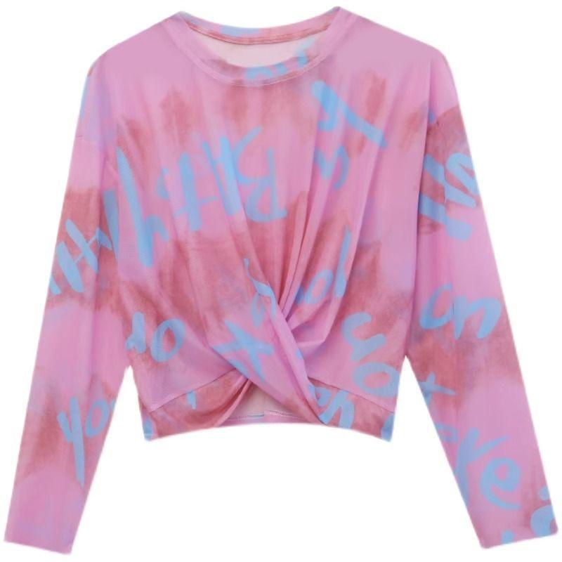 Printed Summer Designed Cropped Mesh Loose Tie-Dye Crew Neck Long-Sleeve Base Layer Thin Cover-Up Sun Protection T-Shirt Top