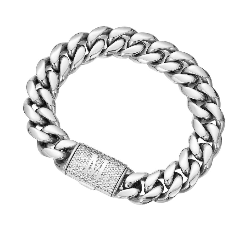 Hip Hop Bling CZ Jewelry A-Z 26 Alphabets Initial Letters Cuban Link Chain Stainless Steel Bracelet With Iced Buckle