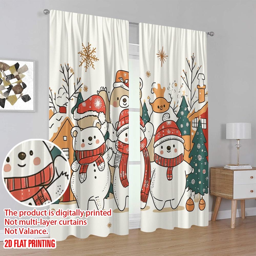 2pcs,2D plane printing Window Curtain Christmas bears snowmen cute (2) Durable 100% Polyester Fabric (without rod) Outdoor