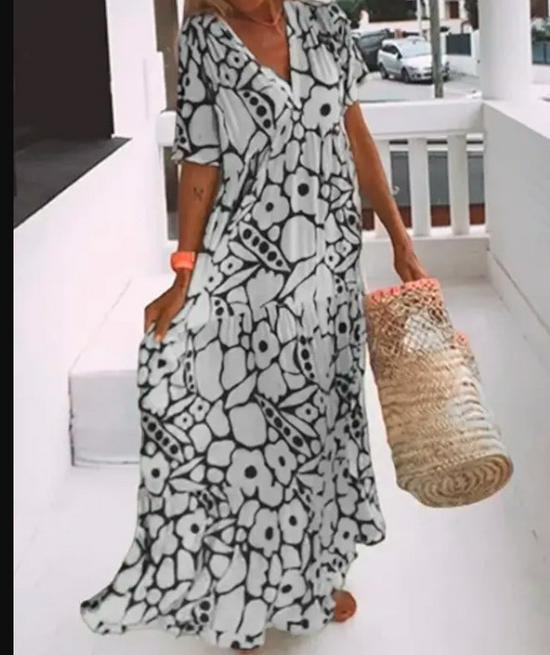 Summer 2023 Women's V-Neck Print Short Sleeve Long Dress