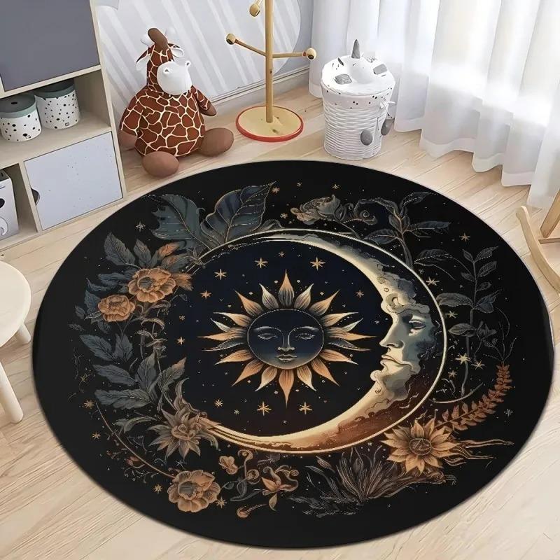 Celestial Moon Star Pattern Round Door Mat for Kids Room Decor Mystical Design Floor Mat Adding Dreamy Space Charm