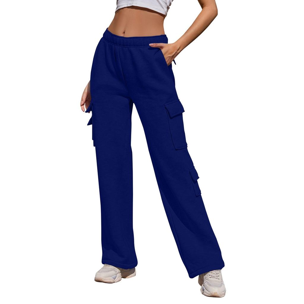 Women's Casual Fashion Solid Color Elastic Waist Drawstring Pockets Wide Leg Straight Pants