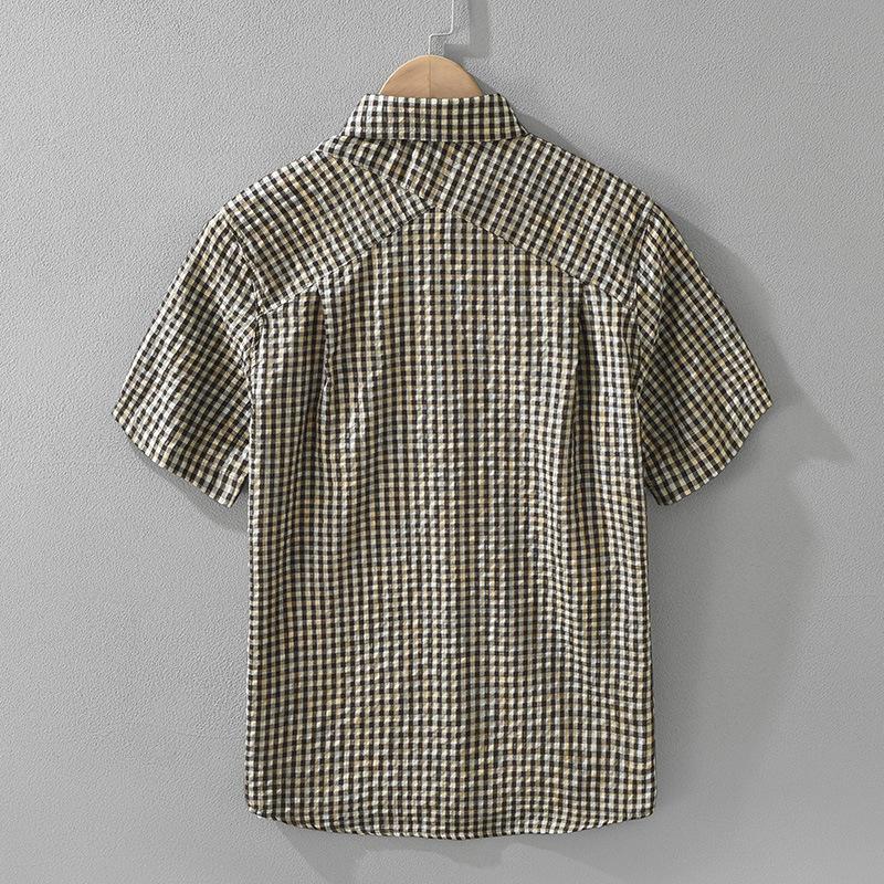 Harajuku Style Short Sleeve Plaid Shirts for Men Summer Casual Tops Button Bubble Shirt Male