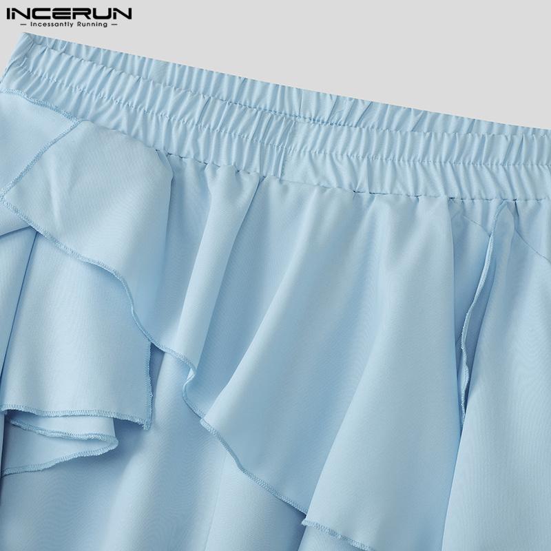 INCERUN Herrenhose mit elastischer Taille, einfarbig, unregelmäßige Rüschen, lange Hose