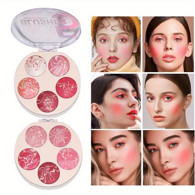 5-Farben-Rouge-Puder-Palette für Augen, Wangen, Lippen, 3-in-1-Gesicht, Perlglanz-Rouge, Creme, Highlighter, Konturierungspuder, matter Lidschatten, gebackener Puder