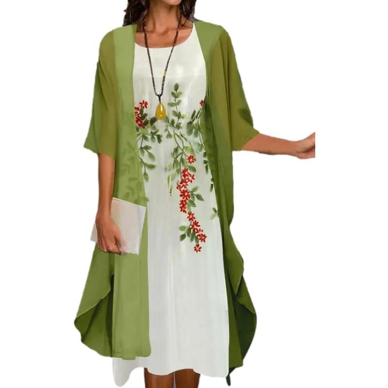 Women's Casual Floral Print Round Neck Slim Pocket Dress Long Skirt
