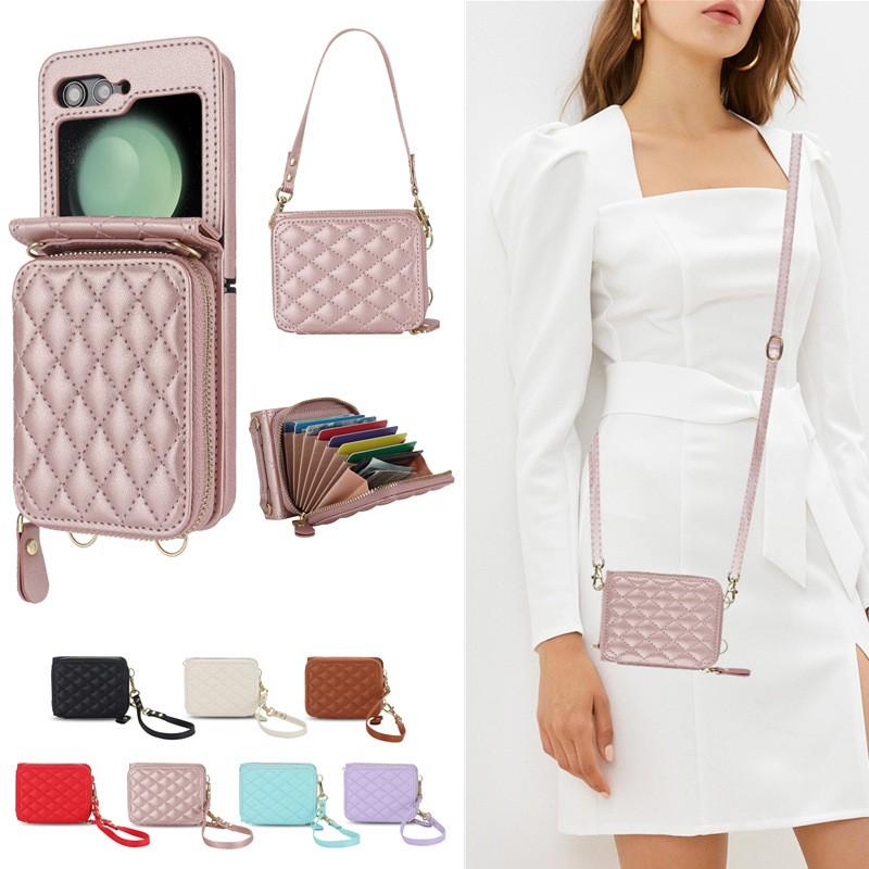 Stylish Crossbody Phone Case Galaxy Z Flip 7 8 Moto G60 With Chain Strap Grid PU Leather Wallet Style