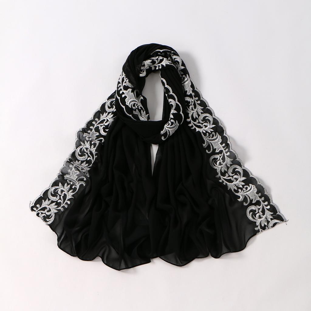 Floral Embroidery Edge Chiffon Silk Scarf Women Muslim Hijab Headscarf Soft Wraps Headband Summer Sunscreen Shawls Beach Shawls