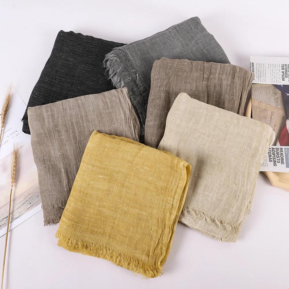 Spring Summer New Solid Color Woolen Cotton and Hemp Scarf Tassel Art Shawl Summer Print Versatile Cotton and Hemp Fashion Trend