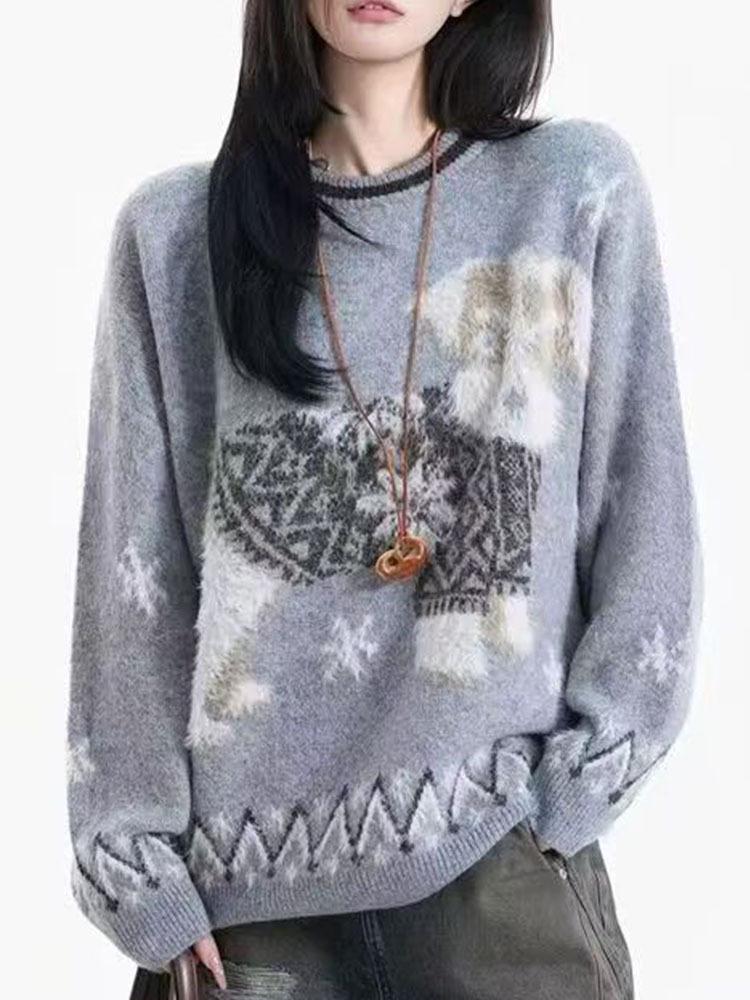 Unisex Retro Cartoon Embroidered Thick Fair Isle Sweater for 2026 - Puppy Mink Jacquard Design