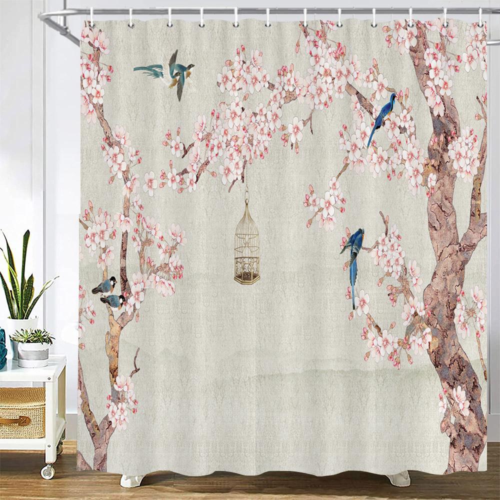 Tenda da Doccia Stile Cinese Fiore Uccello Tenda da Bagno Impermeabile Tessuto Stampato 3D Con Ganci Decorazione Tenda da Doccia