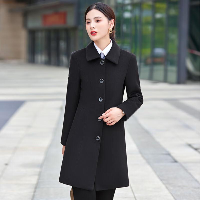 Women's Black Wool Blend Mid-Length Coat
