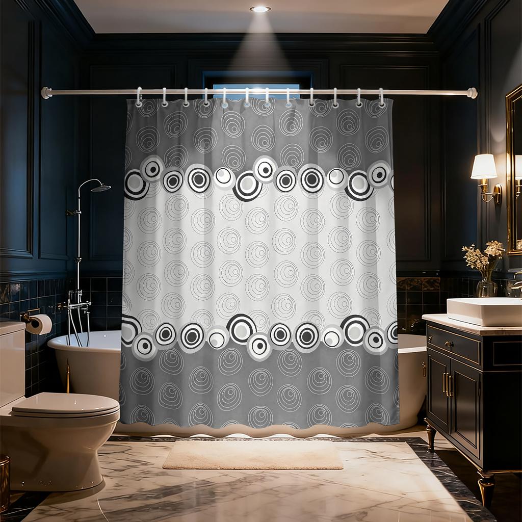 1 Piece Circular Line Printed Waterproof Privacy Partition Shower Curtain With 12 Hooks, Available In Various Sizes