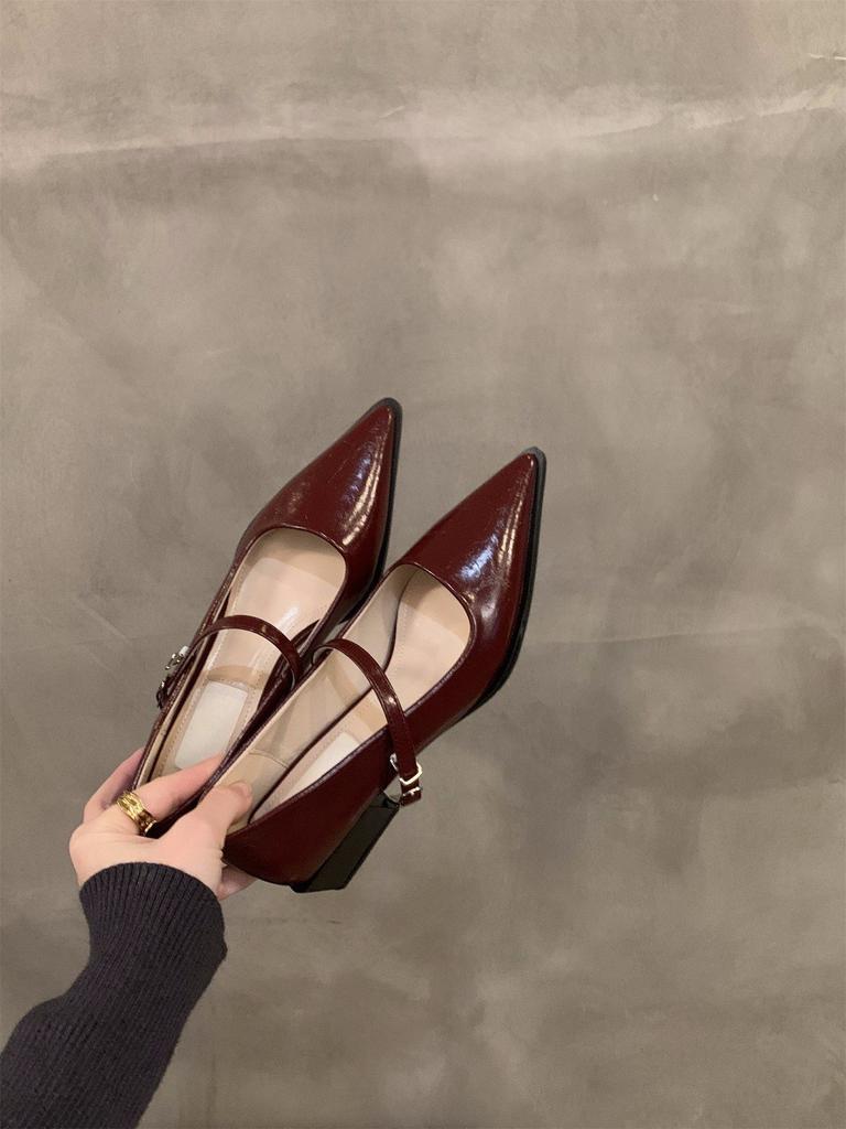 Chaussures simples à talon moyen-haut pointues noires, tempérament français, chaussures pour femmes, printemps, automne, hiver, Mary Jane, chaussures de soirée