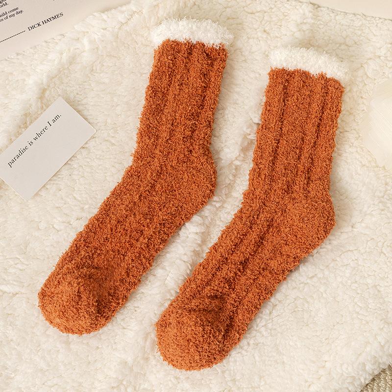 Autumn Winter Warm Coral Fleece Bowknot Woman Socks Sweet Lolita Plush Middle Tube Socks Home Sleeping Floor Socks Cute Socks