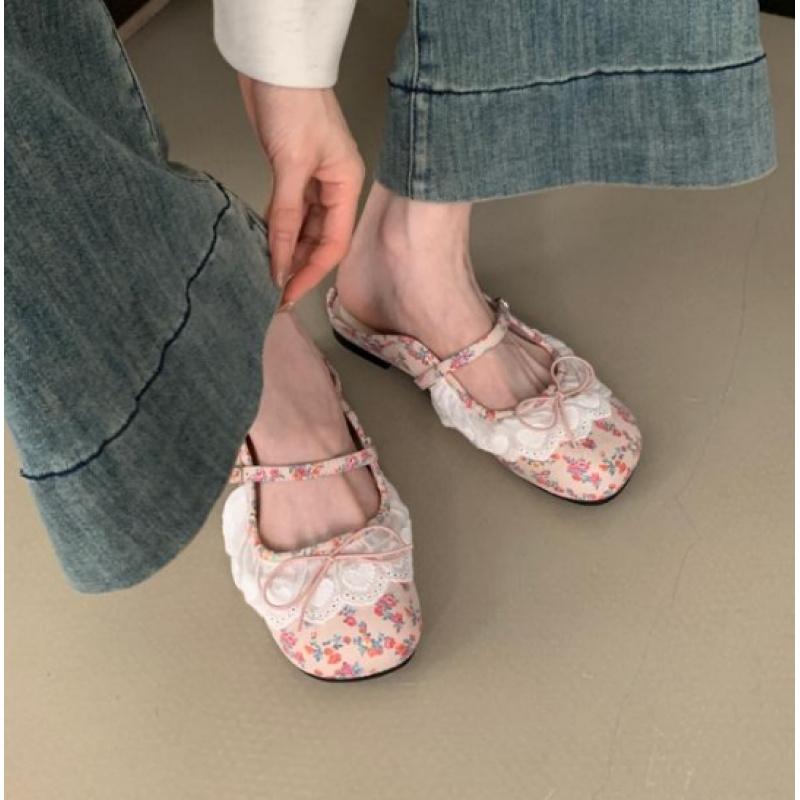 Spring Summer Women's Flat Slippers | Square Toe Closed-Toe French Gentle Lace Bow Fairy Mary Jane Ballet Shoes