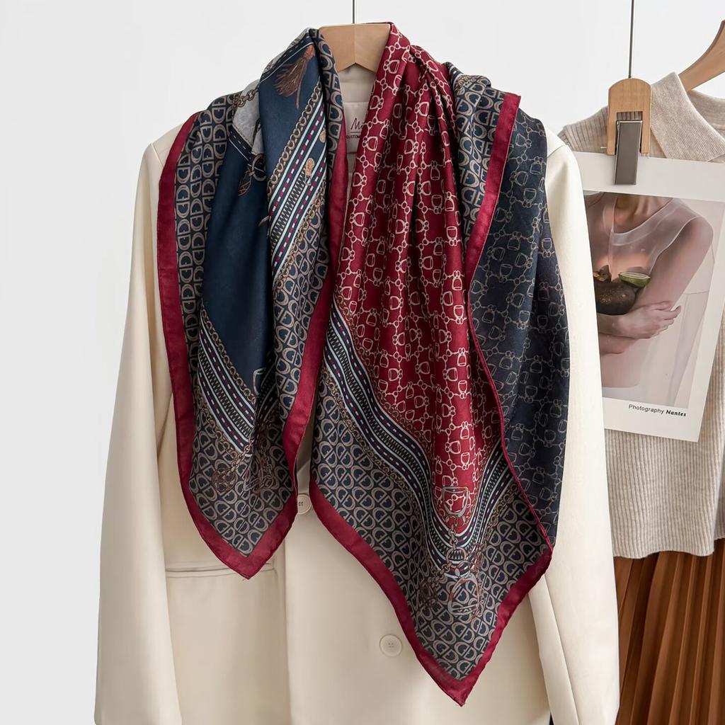 Red horse buckle double-sided simulated silk wool large square scarf 91 women's spring and autumn high-end velvet scarf with shawl to keep warm