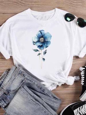 (Asiatische Größe) T-Shirt Kleidung Aquarell Blumenstil Niedlicher Trend Lässiger Modedruck Weiblich Lässig Damen Top Grafik T-Shirt Kurzarm T-Shirts