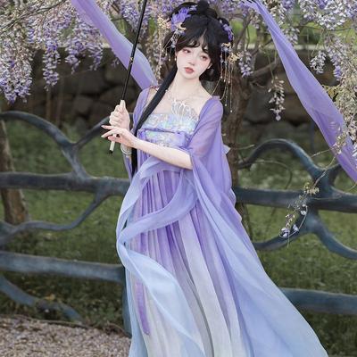 HEZI Hanfu ve stylu čínské dynastie Tchang pro ženy, pohádková košile s velkými rukávy, vyšívaný jarní a letní oblek