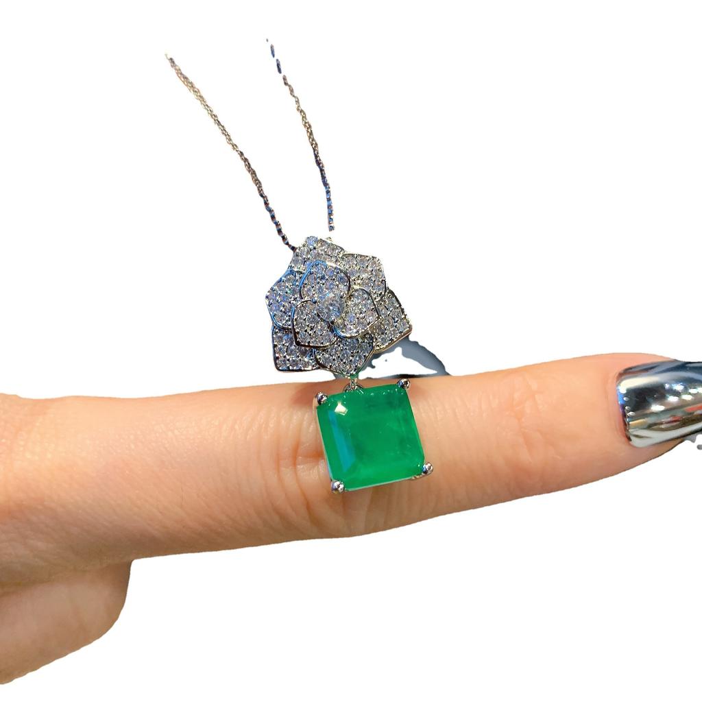 Jewelry Style Imitation Emerald Bar Ring Necklace Stud Earring Set Flower Shape Creative Full Diamond 10 * 10