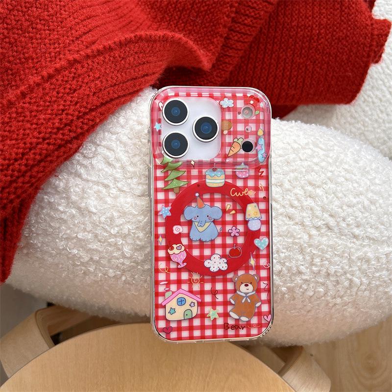 

Korean Red Plaid Embroidered Elephant Magnetic Phone Case for iPhone 17/16 Pro Max/15/14 - Women s Style Apple 14