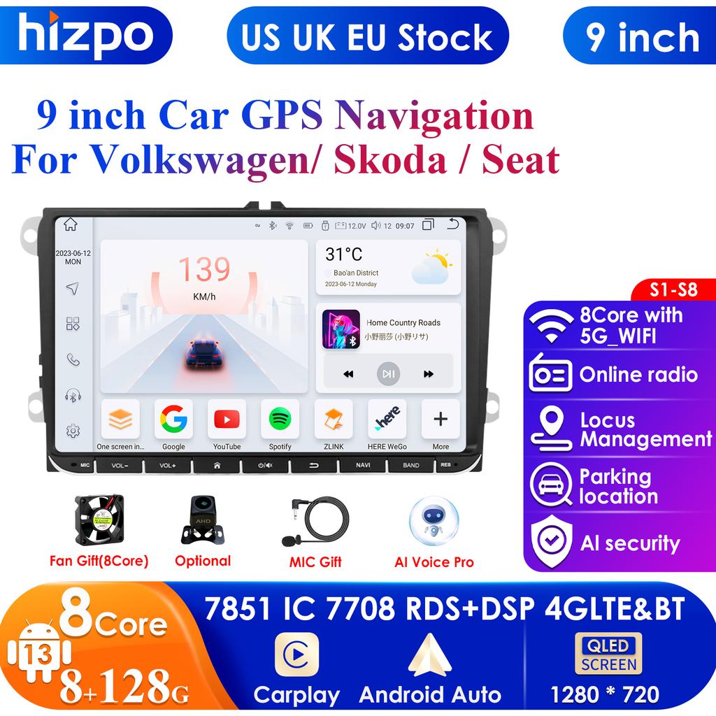 Hizpo Carplay 4G 9 pouces 2Din Android 13 Lecteur Multimédia de Voiture Pour Volkswagen Skoda Octavia Golf 5 6 Touran Passat Polo Jetta Autoradio Intelligent