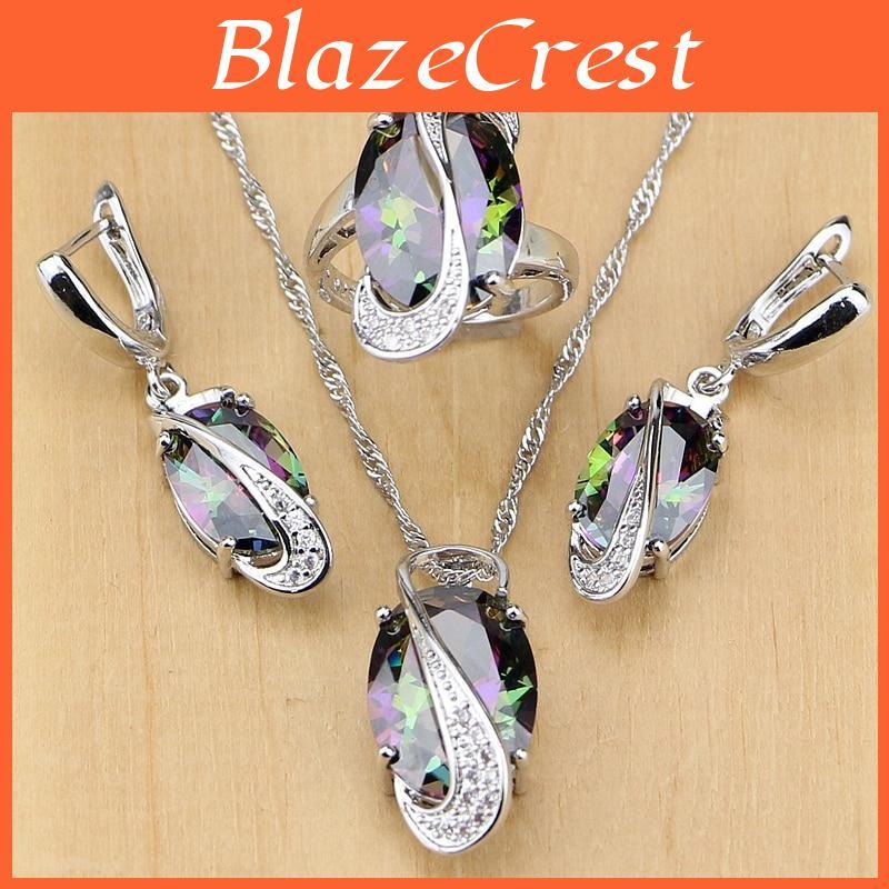Natural Zirconia Cubic Rainbow Mystic 925 Silver Jewelry Set For Women Wedding Earringspendantnecklacerings