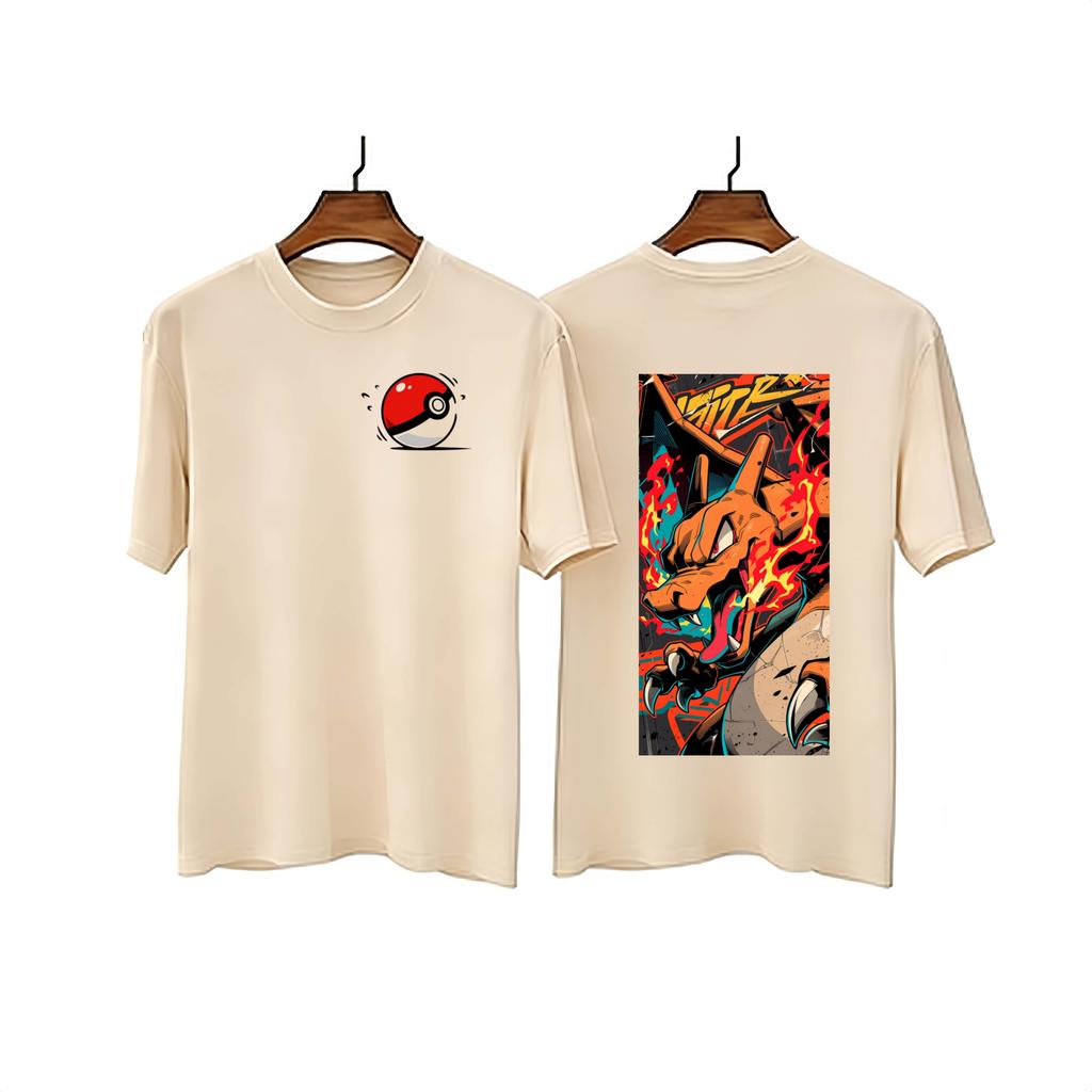Summer New Pok Mon Spray Dragon Cartoon Style Pure Cotton Adultchildren Loose Plus Size Short Sleeved Breathable Tshirt