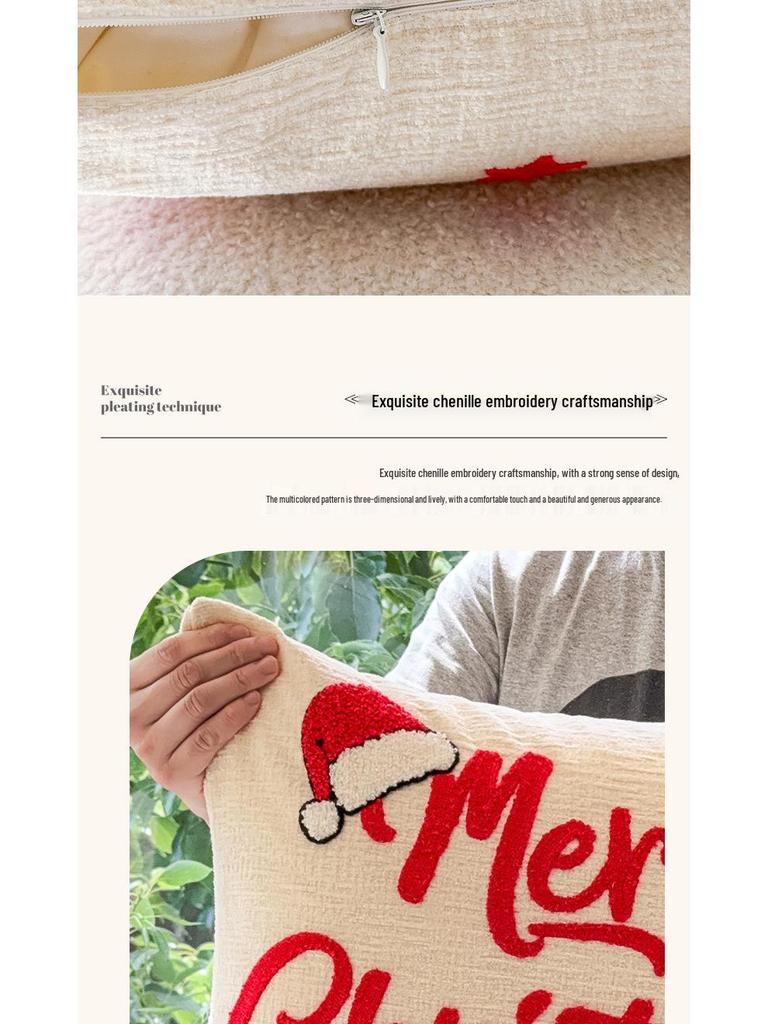 Christmas Embroidery Candy Cane & Santa Hat Tufted Throw Pillow Cover