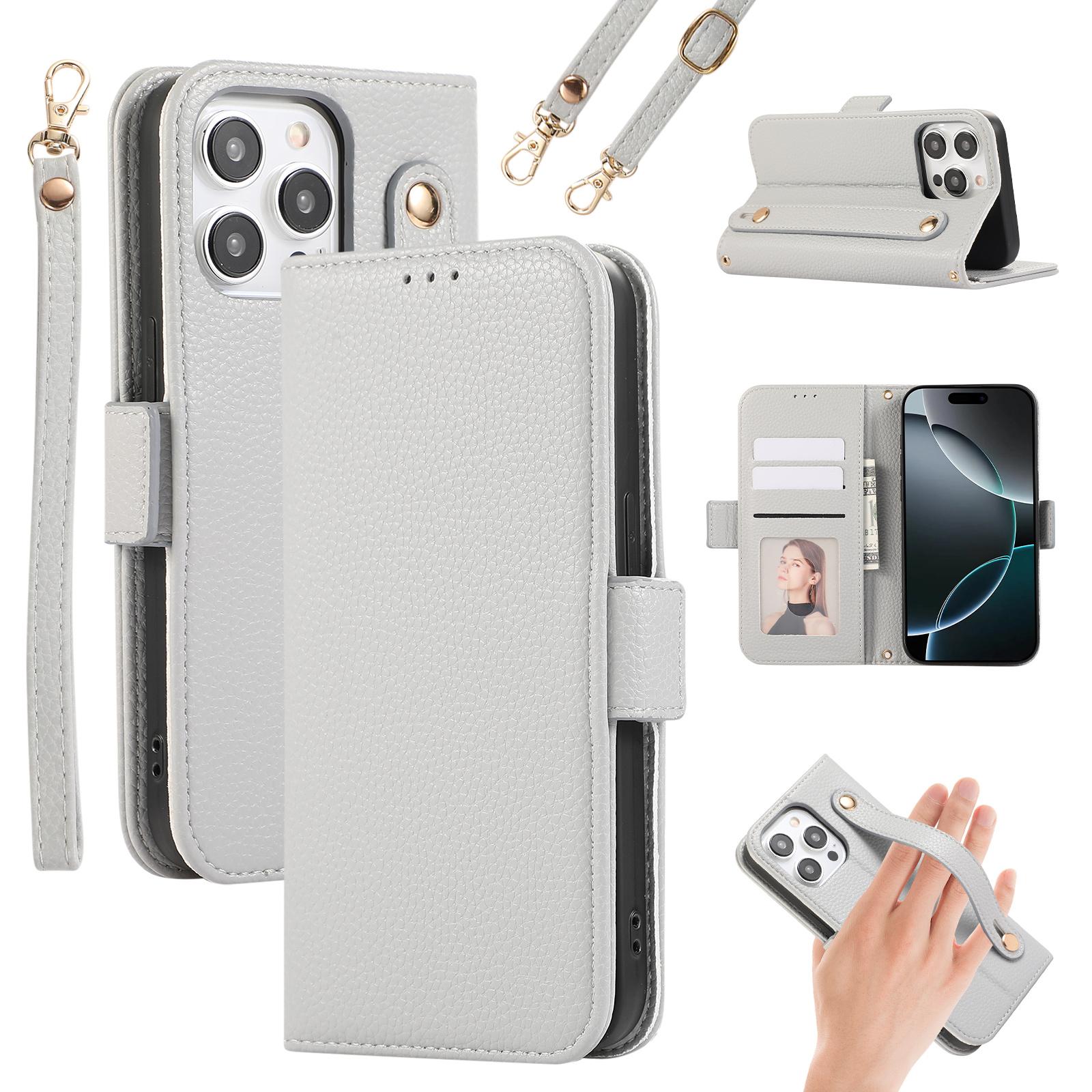 

For iPhone 15 Pro Leather Case with Card Holder, Straps, Shockproof Wallet Phone Cover E
