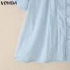 VONDA Summer Women O Neck Puff Sleeve Pleated Buttons Up Casual Blouse Tops