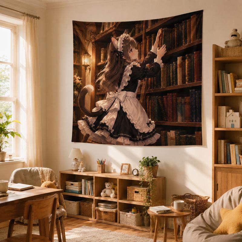 Cute Cat Maid Anime Wall Tapestry Sweet Pastel Style Teen Room Dorm Gaming Room Living Room Hanging Cloth Decor