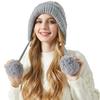 Karierte Dreikugel Verdickte Kaninchenfellmütze Damen Winter Samt Outdoor Warme Bommel Strickmütze