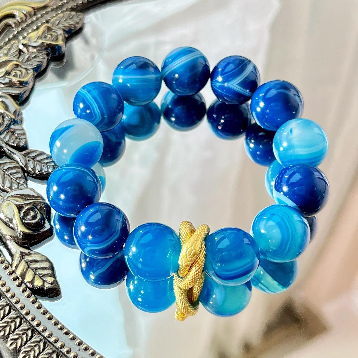 14Mm Large Particle Natural Blue Agate Bracelet Bracelet.