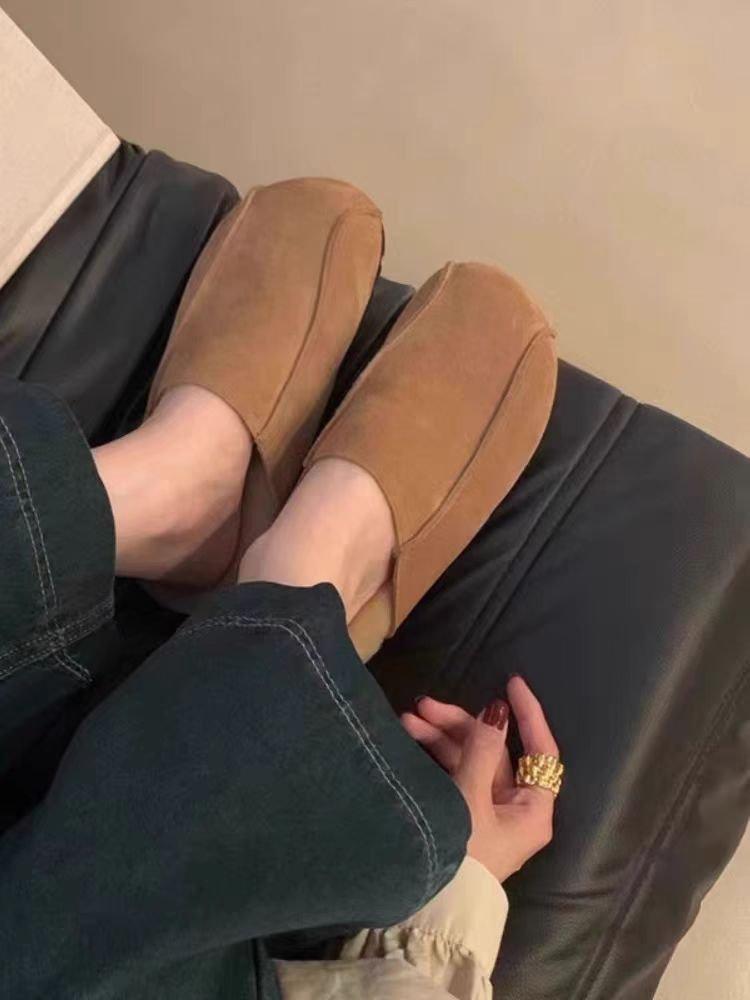 

Women Thick-soled Shoes Closed Toe Round Toe Suede Half Slippers Women Autumn Winter New Flat Slingback Slip-on Cotton Slippers 35