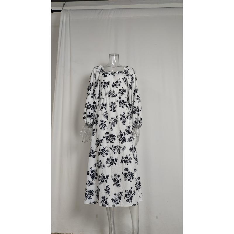 Printed Square Neck A-line Dress Women's Temperament Sexy Backless Slit Tied Dress Spring 2025