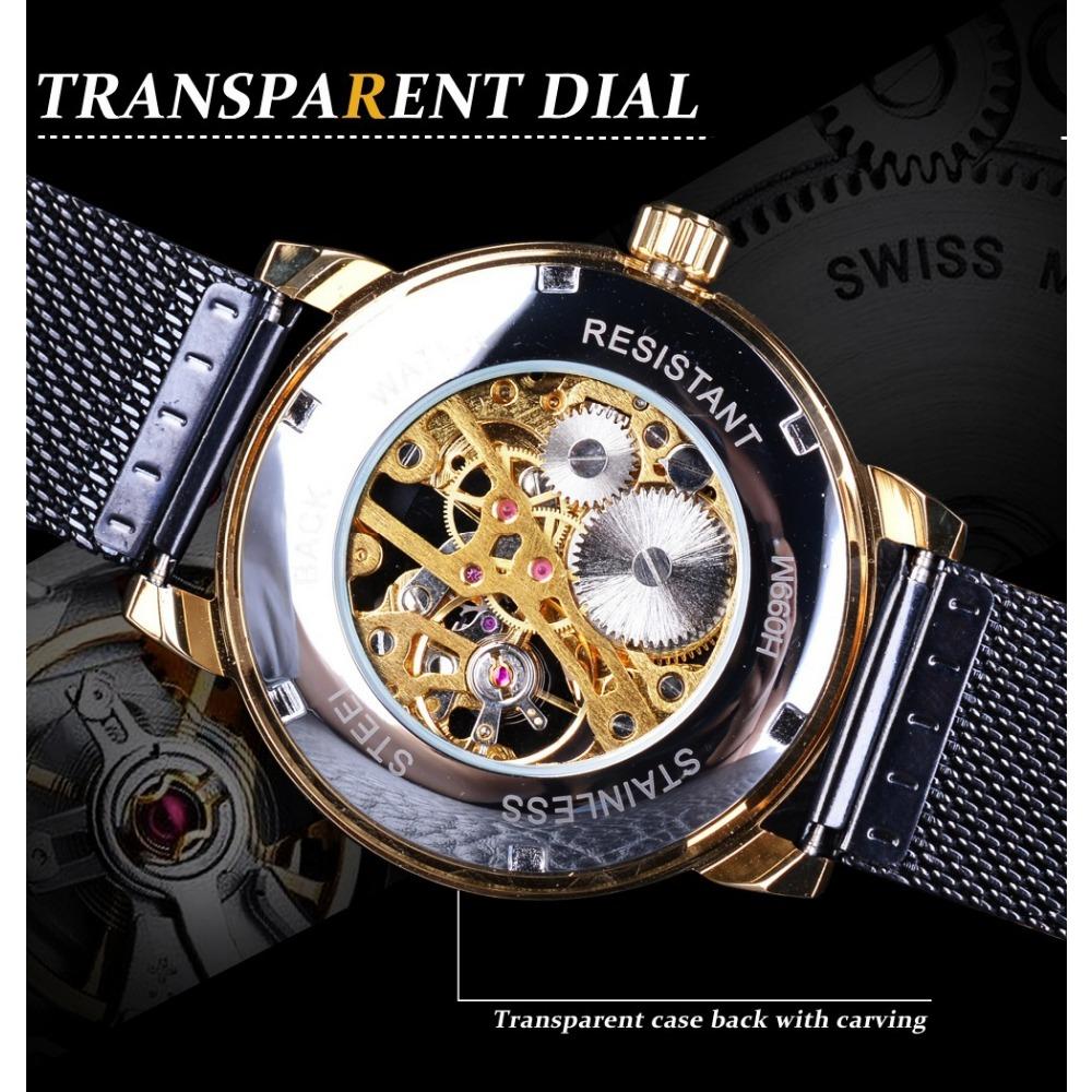 Forsining Ceas Bărbați Moda Ocazional Curea din plasă Hollow Gold Ceas mecanic manual GMT1040-8-A