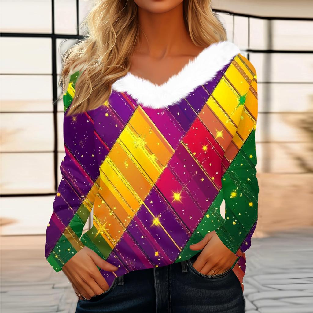 Dámský volný ležérní top s dlouhým rukávem a potiskem, plyšový límec ve tvaru V, top s dlouhým rukávem